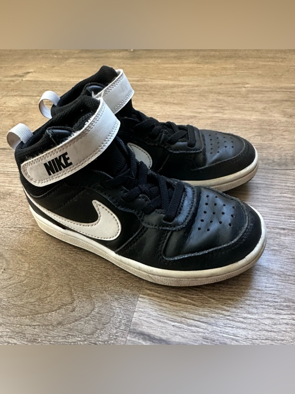 Nike Kids Black and White Court Borough Mid-Top Sneakers with Strap